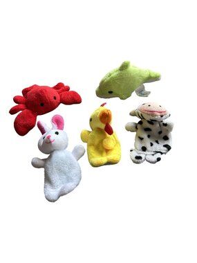 5-Piece Lot Of Colorful Plush Animal Finger Puppets - Crab Dolphin Bunny Chick &